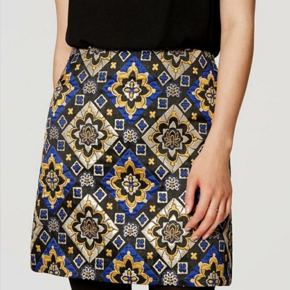LOFT Blue, Gold and Black Patterned Mini Skirt